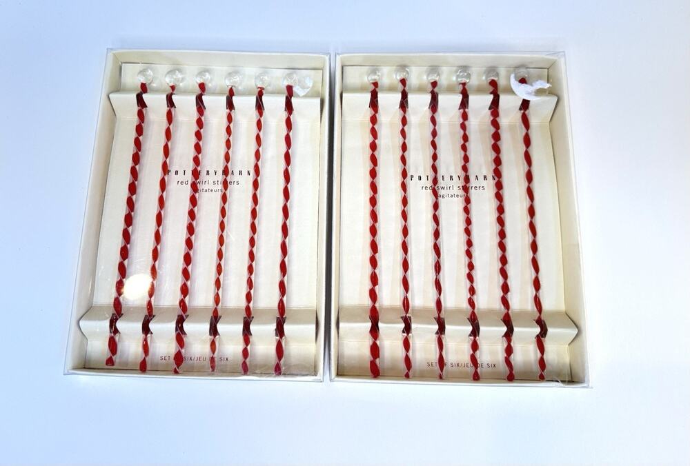 Pottery Barn Red Glass Stir Swizzle Sticks Set 12 Holiday Bar Candy Cane Stripe